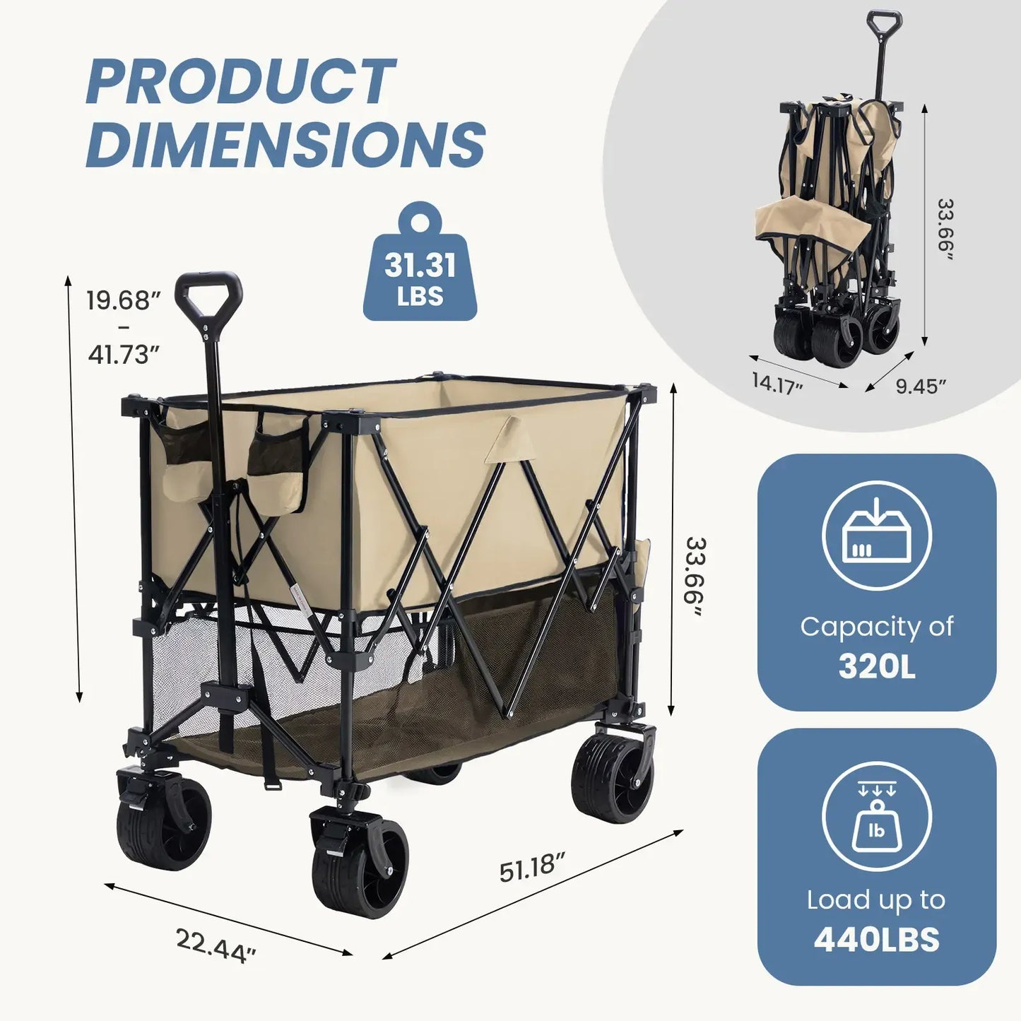 Folding Double-Decker Wagon, 320L Large Capacity 440 lbs Heavy-Duty Utility Cart with Brakes, All-Terrain Wheels & Flexible Handle, Compact Foldable Design for Camping & Grocery
