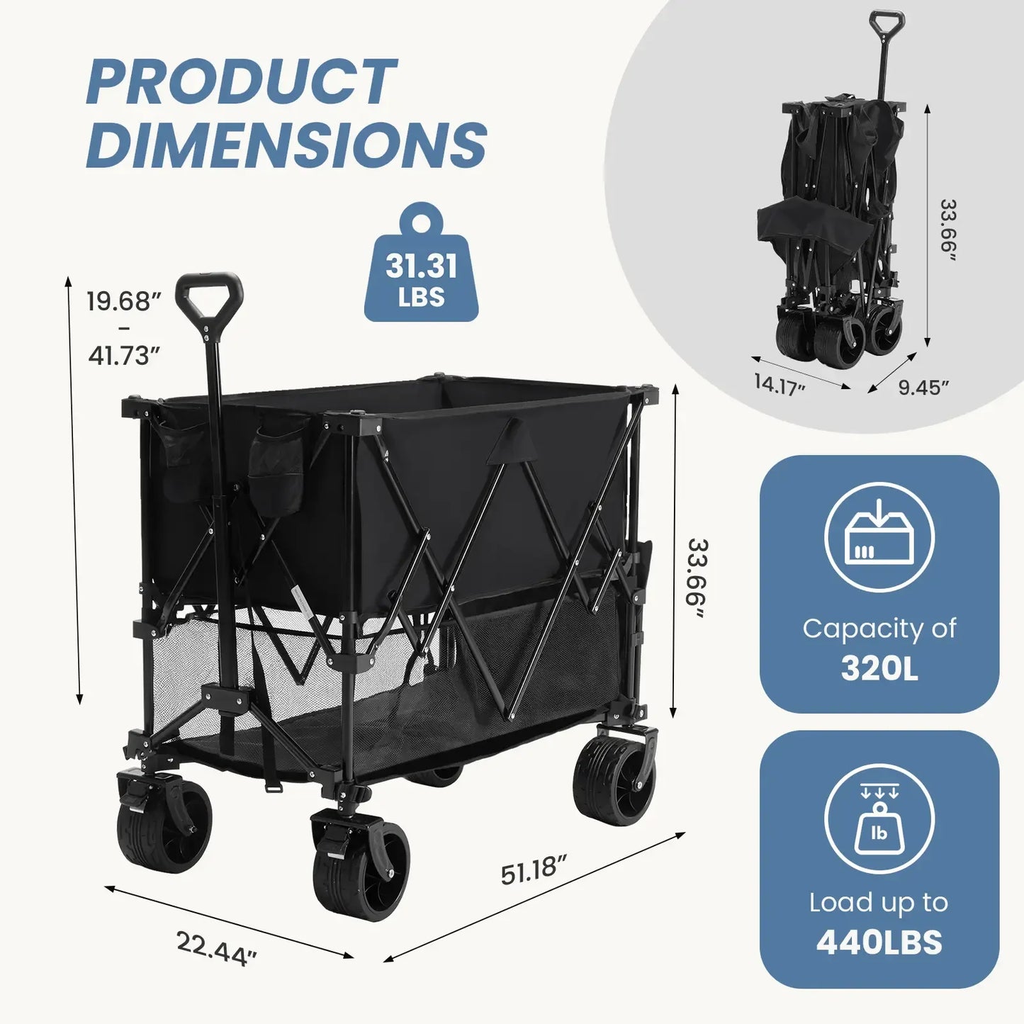 Folding Double-Decker Wagon, 320L Large Capacity 440 lbs Heavy-Duty Utility Cart with Brakes, All-Terrain Wheels & Flexible Handle, Compact Foldable Design for Camping & Grocery