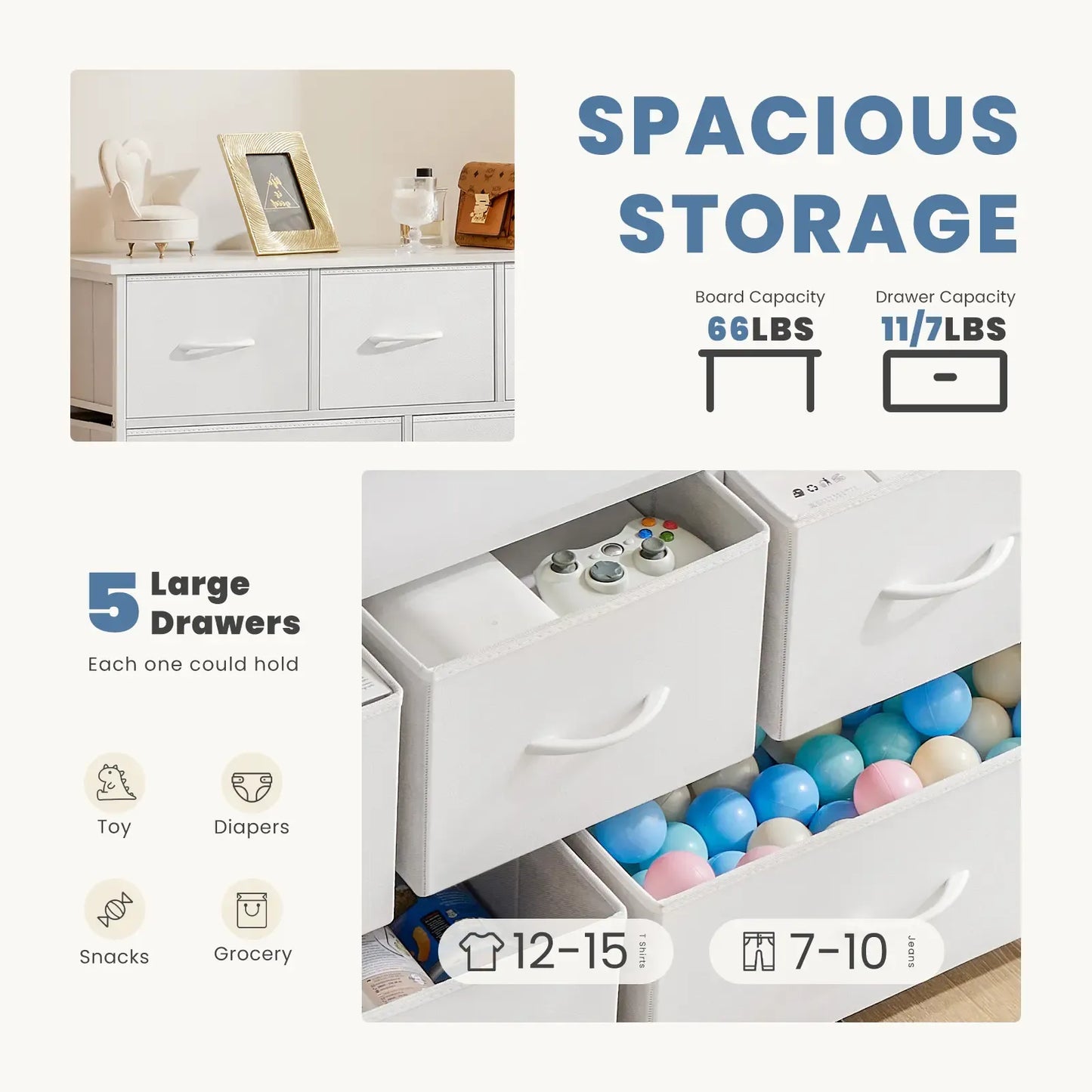 Fabric Storage Tower Dresser - 5-Drawer Indoor Cupboard Cabinet, Closet Organization & Storage Organization Solution for Bedroom